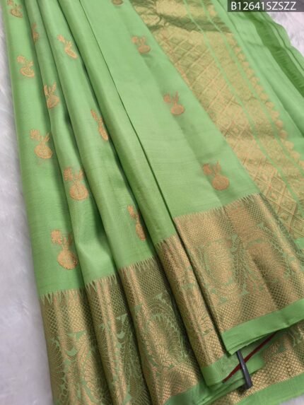 Light Green Soft Silk Saree with Traditional Golden Zari Weaving