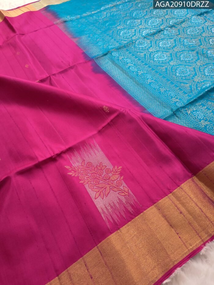 Elegant Pink Silk Saree with Rich Gold Border and Blue Pallu Design - Image 2
