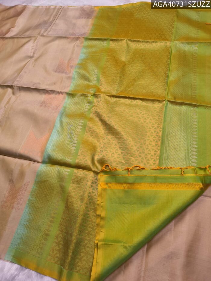 Elegant Golden Beige Pure Silk Saree with Rich Green Pallu - Image 3