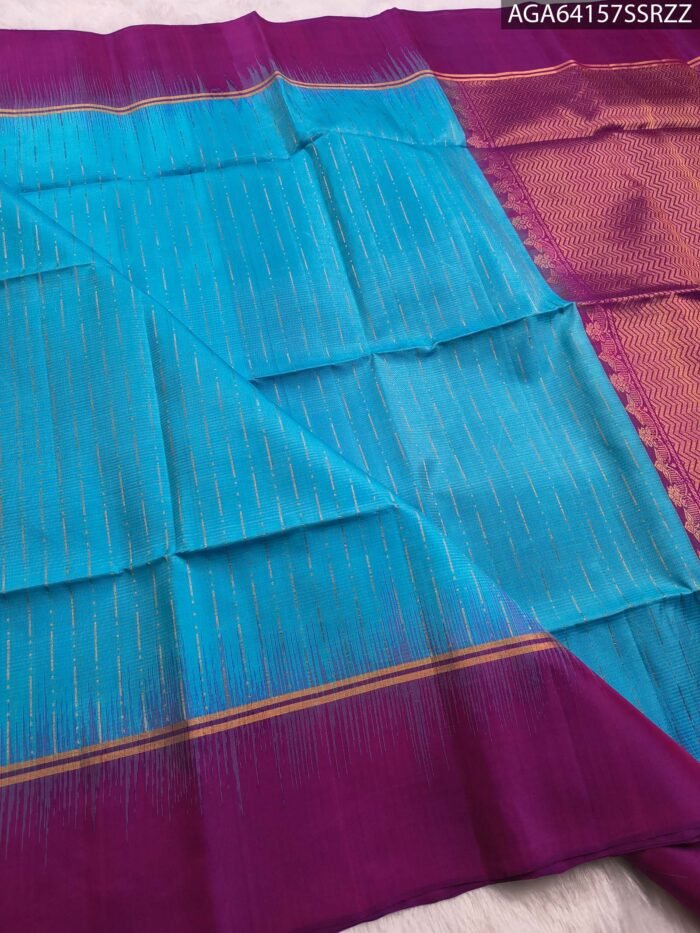 Elegant Sky Blue and Purple Silk Saree with Zari Border and Chevron Pallu - Image 2