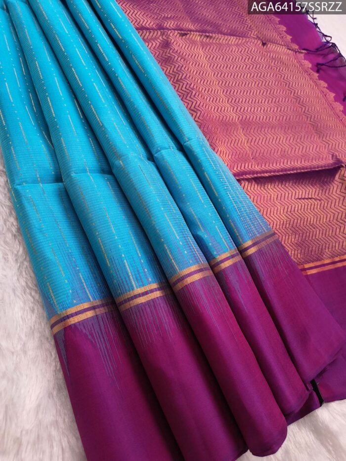 Elegant Sky Blue and Purple Silk Saree with Zari Border and Chevron Pallu - Image 1