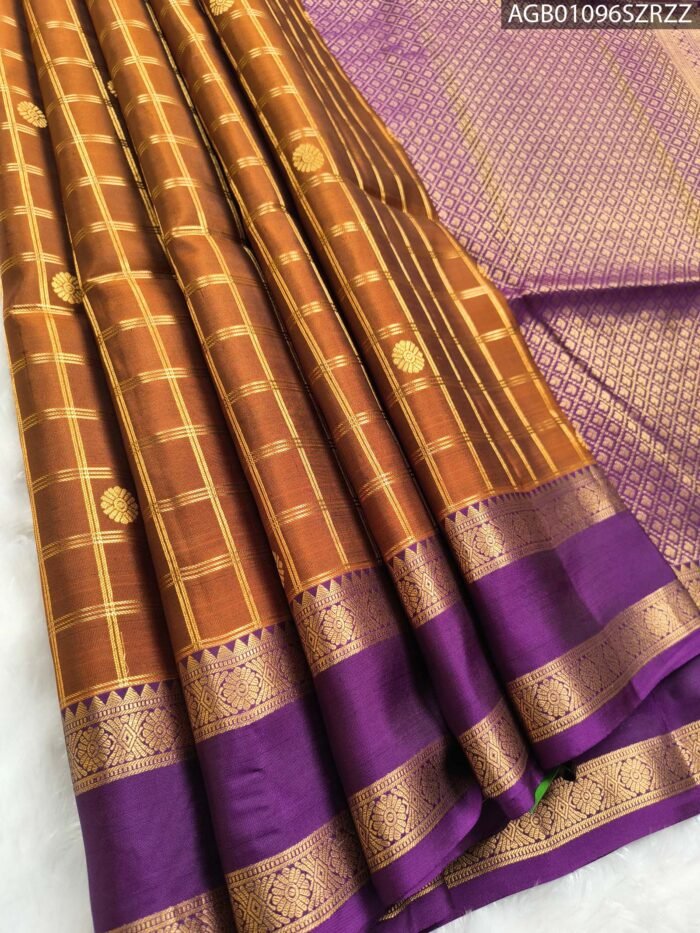 Elegant Copper Brown and Purple Silk Saree with Rich Zari Border and Pallu - Image 1