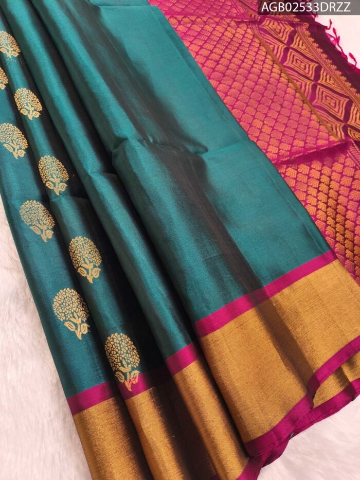 AGB02533_MAIN #DRZZ Elegant Teal Silk Saree with Rich Magenta Pallu and Intricate Border - Image 1