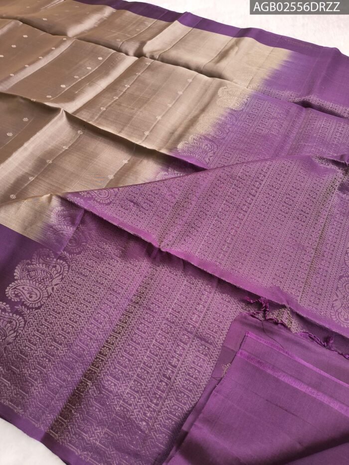Elegant Beige and Purple Silk Saree with Intricate Paisley Border and Rich Pallu - Image 2