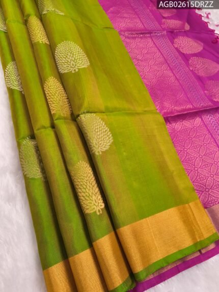 Elegant Green Silk Saree with Gold Border and Rich Pink Pallu