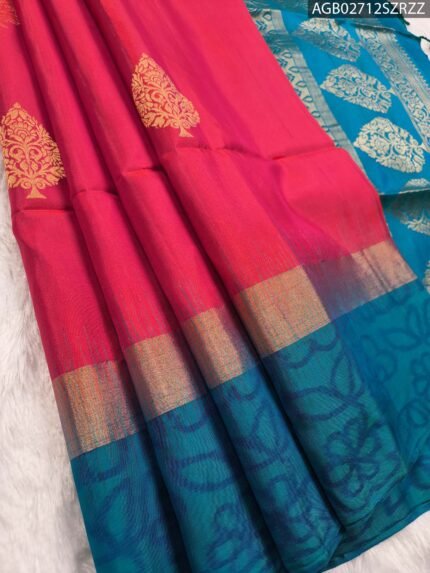 Elegant Pink Silk Saree with Rich Blue Border and Ornate Pallu