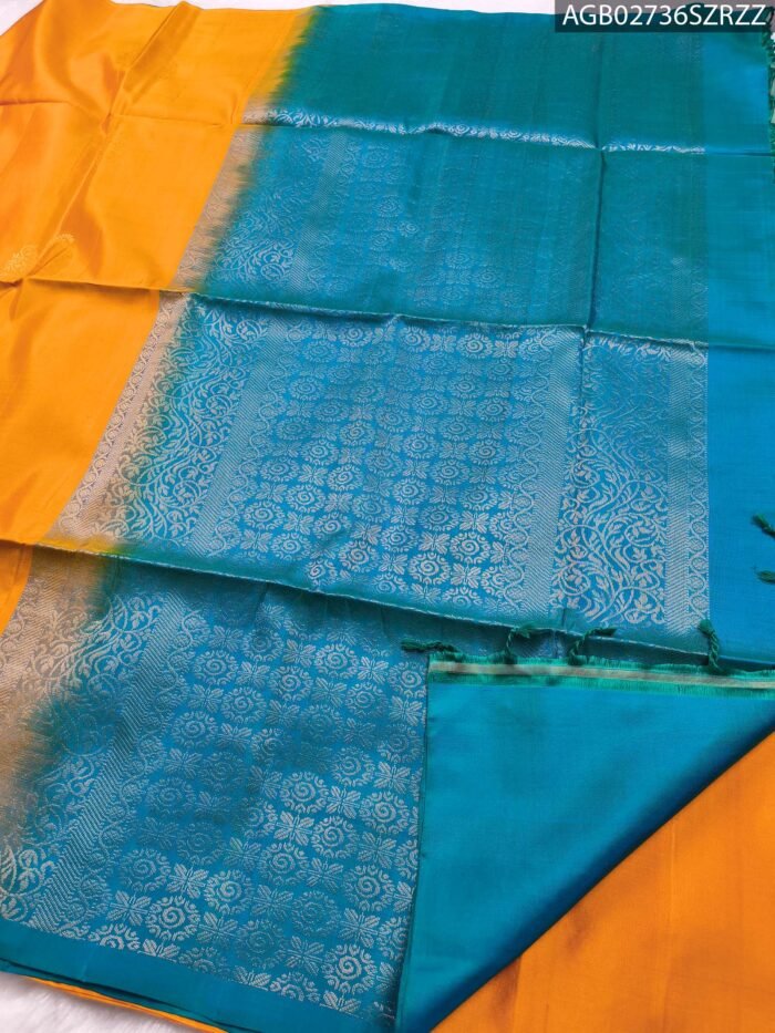 Elegant Orange Silk Saree with Rich Blue Pallu and Intricate Border - Image 3