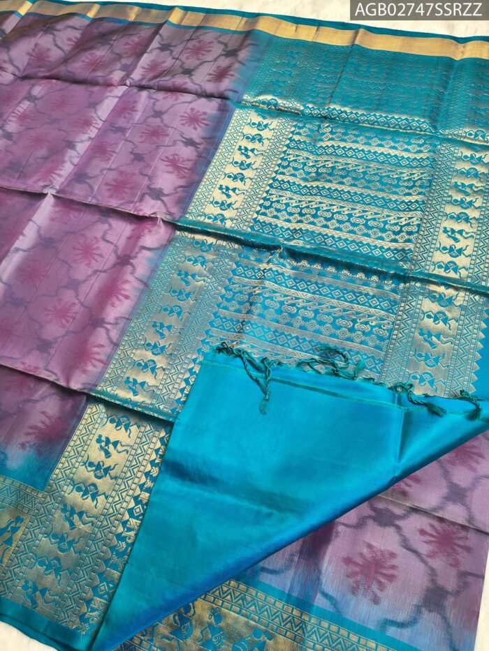 Elegant Purple and Blue Silk Saree with Rich Zari Border - Image 3