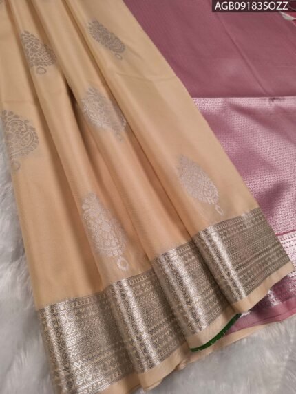 Elegant Beige Soft Silk Saree with Silver Zari Border and Pink Pallu