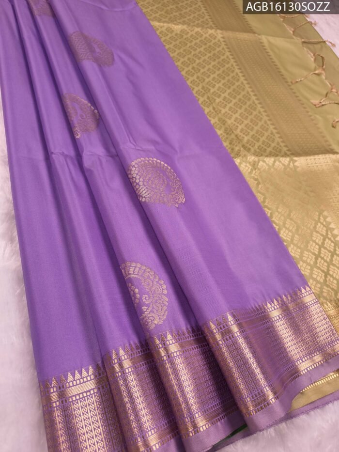 Elegant Lavender Soft Silk Saree with Gold Zari Border and Rich Pallu - Image 1