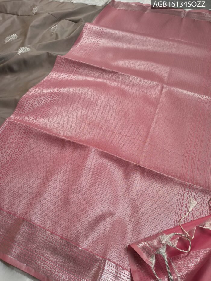Elegant Taupe Soft Silk Saree with Silver Zari Border and Pink Pallu - Image 2
