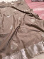 Elegant Taupe Soft Silk Saree with Silver Zari Border and Pink Pallu - Image 3