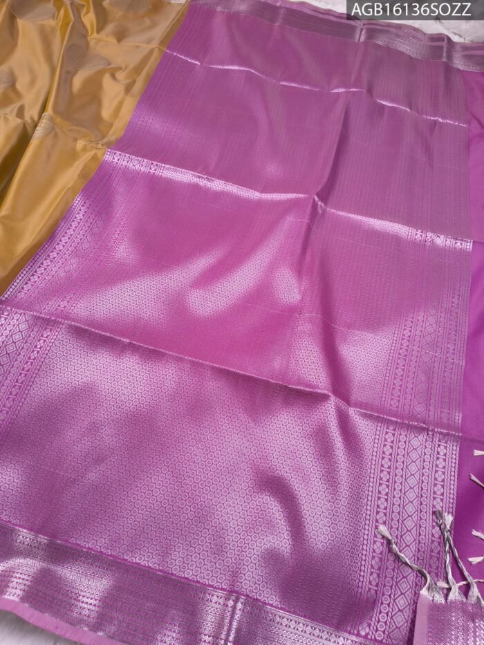 Elegant Mustard Soft Silk Saree with Rich Silver Zari Border and Lavender Pallu - Image 3