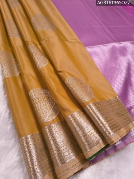 Elegant Mustard Soft Silk Saree with Rich Silver Zari Border and Lavender Pallu