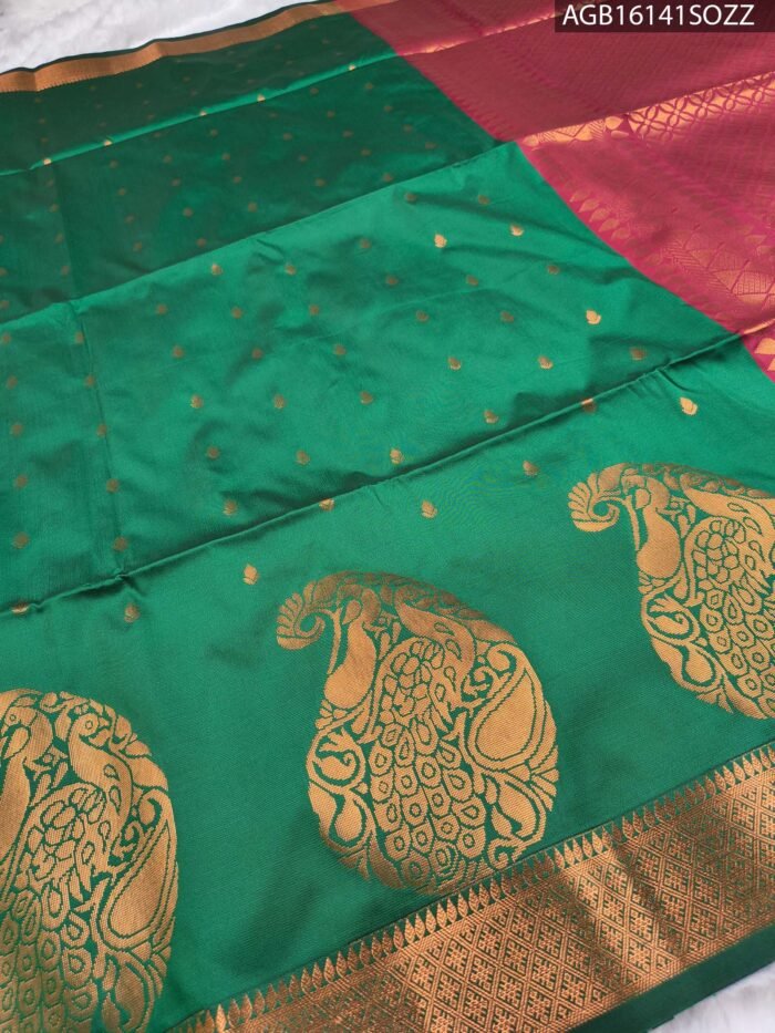 Elegant Green Soft Silk Saree with Rich Gold Peacock Motifs and Contrast Pallu - Image 2