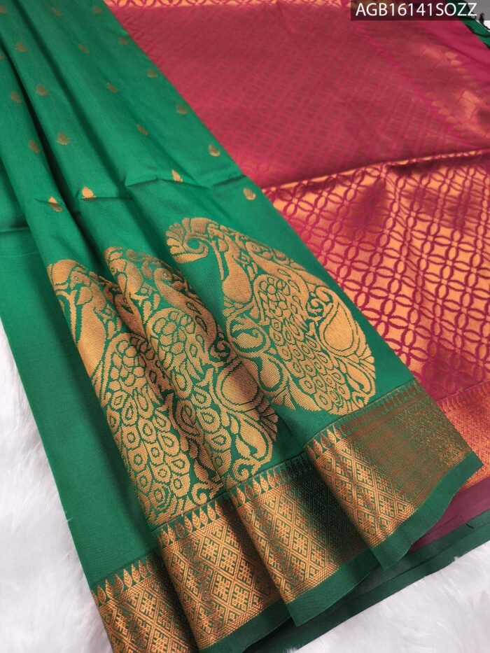 Elegant Green Soft Silk Saree with Rich Gold Peacock Motifs and Contrast Pallu - Image 1