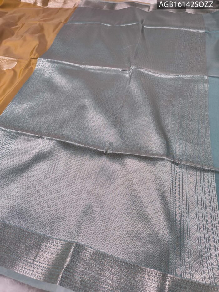 Elegant Mustard Soft Silk Saree with Silver Zari Border and Pallu - Image 3