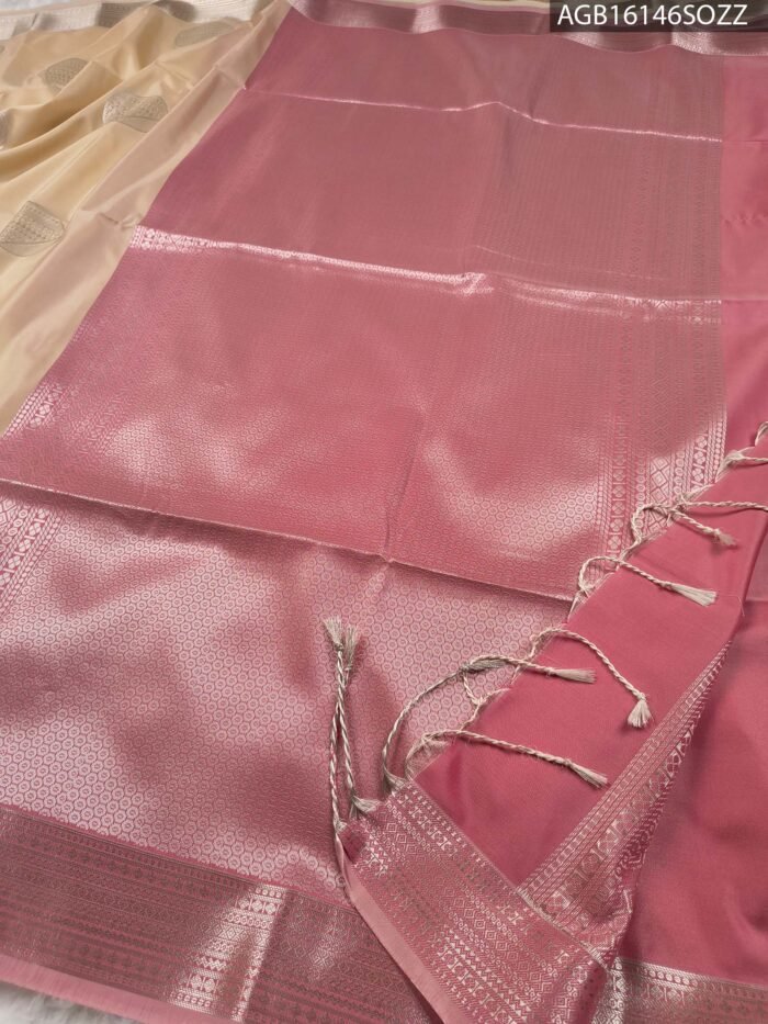 Elegant Beige Soft Silk Saree with Rich Pink Pallu and Intricate Border - Image 3