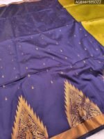 Elegant Navy Blue Soft Silk Saree with Rich Gold Border and Green Pallu - Image 2