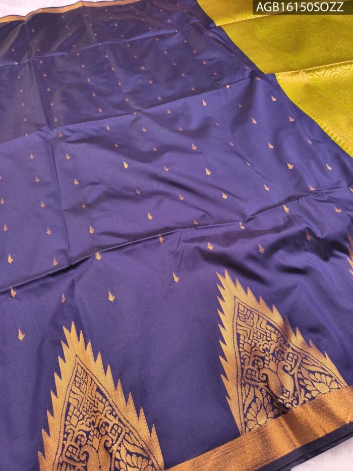 Elegant Navy Blue Soft Silk Saree with Rich Gold Border and Green Pallu - Image 2