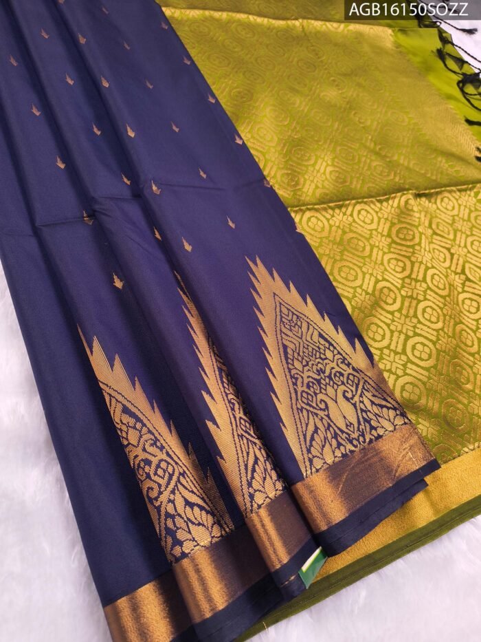 Elegant Navy Blue Soft Silk Saree with Rich Gold Border and Green Pallu - Image 1