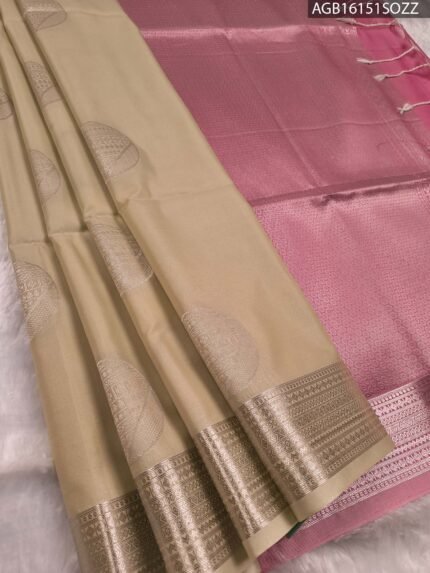 Elegant Beige and Pink Soft Silk Saree with Rich Zari Border