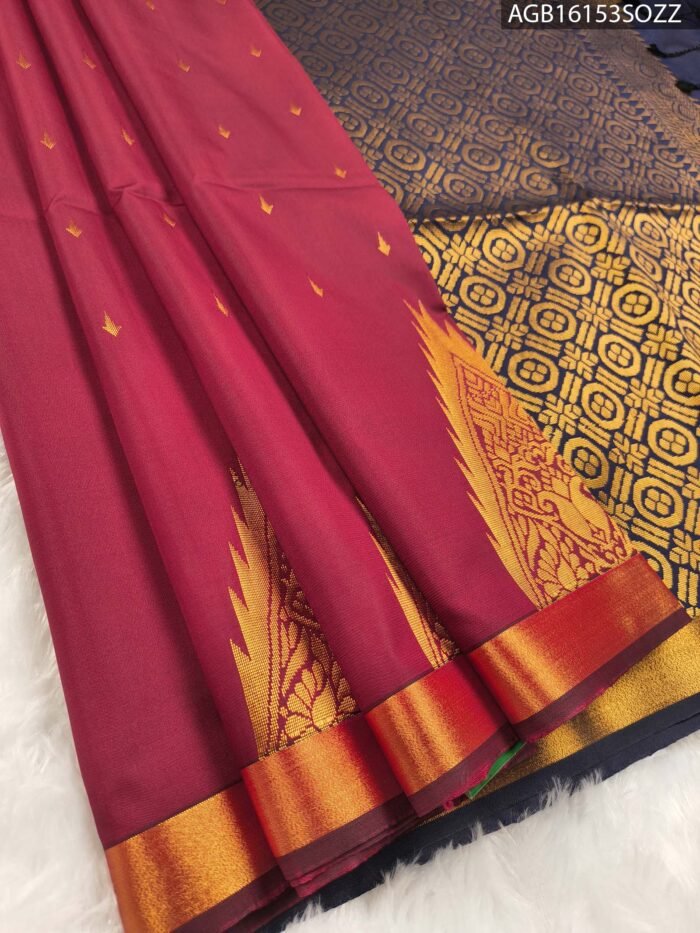 Elegant Maroon Soft Silk Saree with Rich Golden Zari Border and Intricate Pallu Design - Image 1