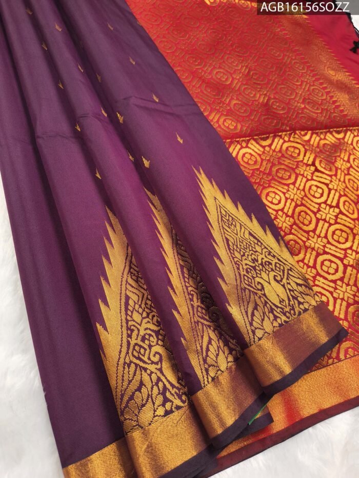 Elegant Purple Soft Silk Saree with Rich Red Pallu and Zari Border - Image 1