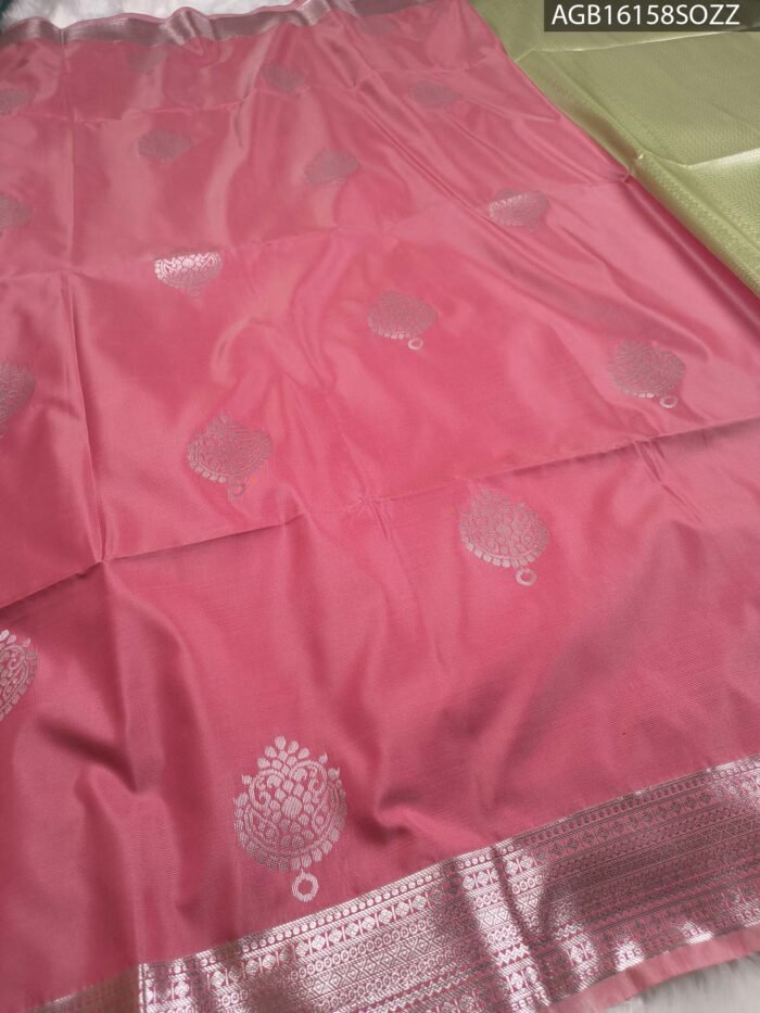 Elegant Pink Soft Silk Saree with Silver Zari Border - Image 2