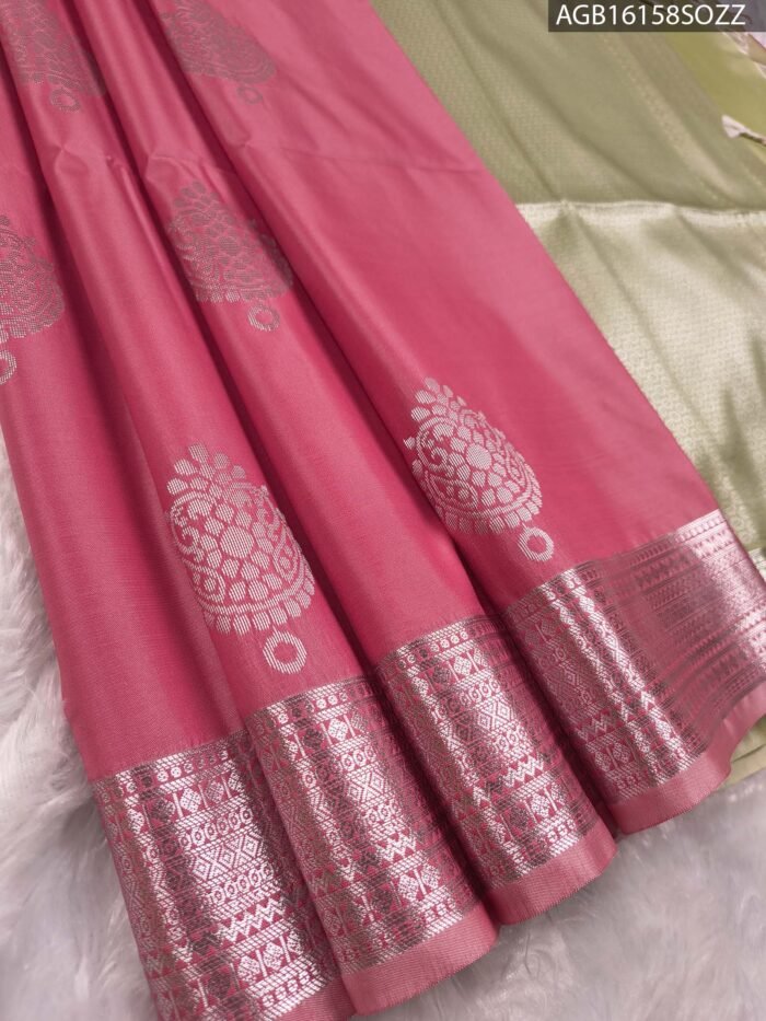 Elegant Pink Soft Silk Saree with Silver Zari Border - Image 1