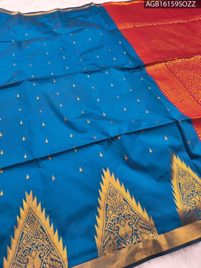 Elegant Teal Blue Soft Silk Saree with Rich Maroon Pallu and Zari Border - Image 2