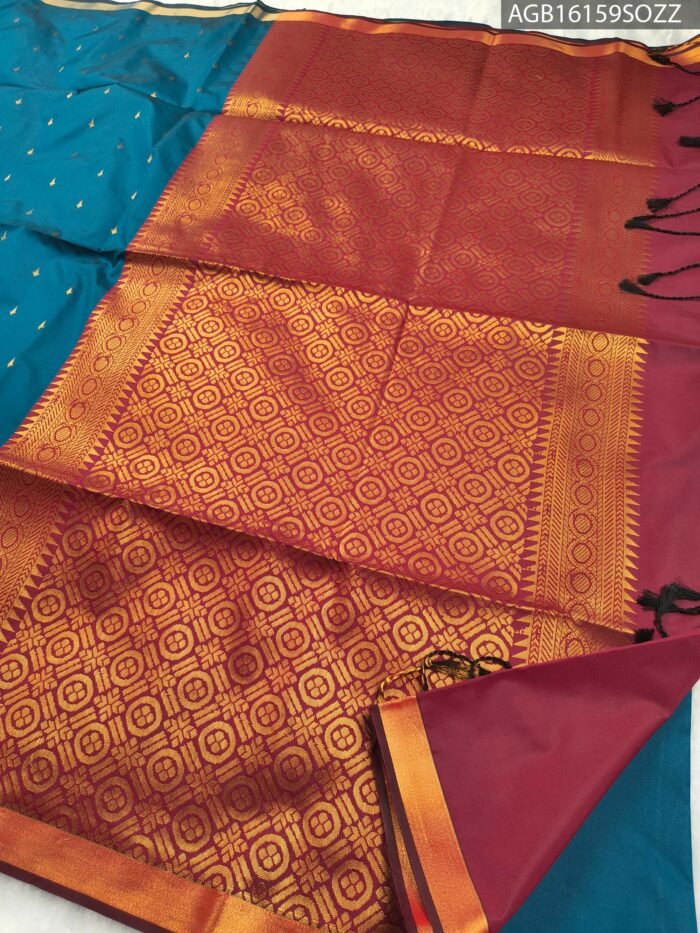Elegant Teal Blue Soft Silk Saree with Rich Maroon Pallu and Zari Border - Image 3
