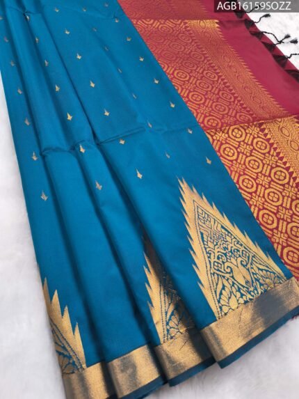 Elegant Teal Blue Soft Silk Saree with Rich Maroon Pallu and Zari Border
