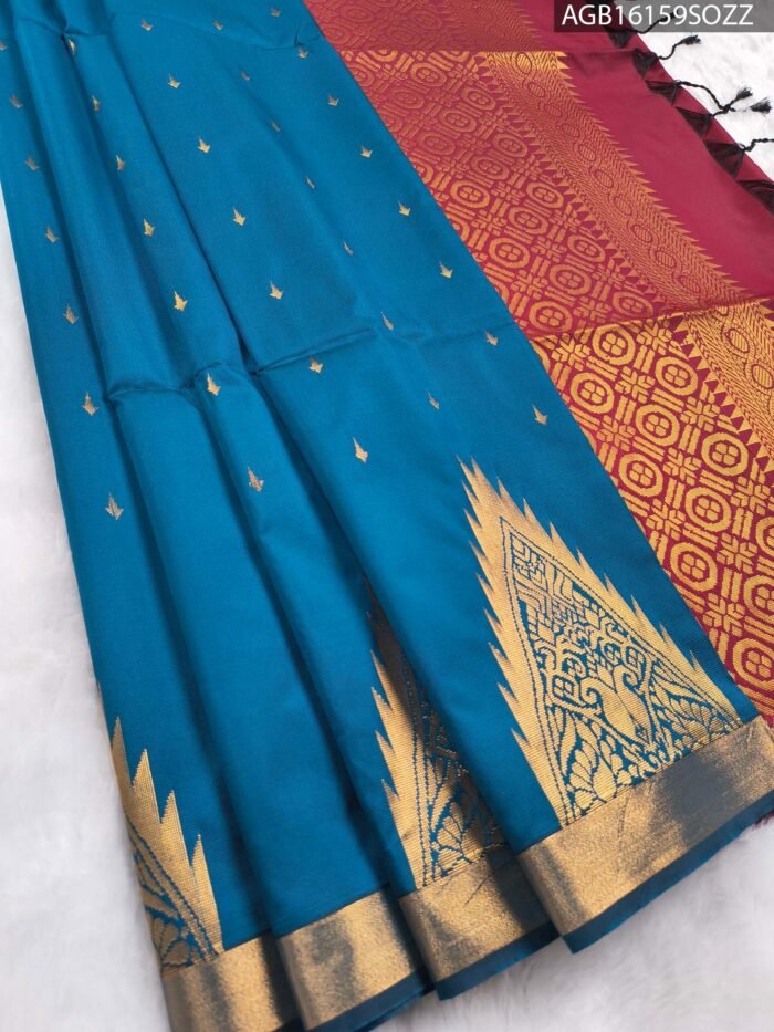 Elegant Teal Blue Soft Silk Saree with Rich Maroon Pallu and Zari Border - Image 1