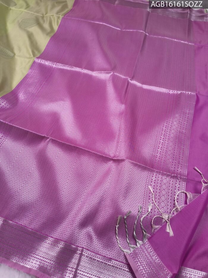 Elegant Green Soft Silk Saree with Rich Silver Border and Contrasting Pink Pallu - Image 3