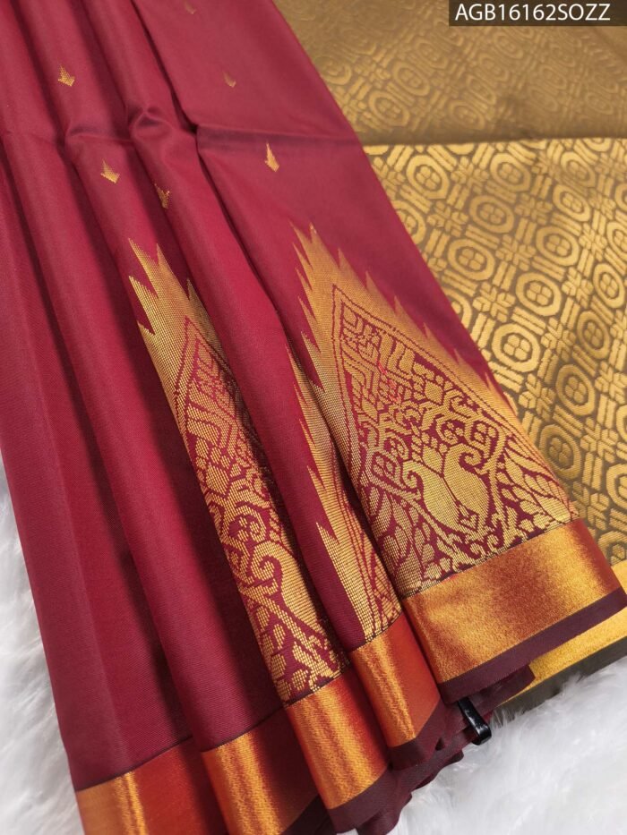 Maroon Soft Silk Saree with Rich Golden Border and Intricate Pallu - Image 1