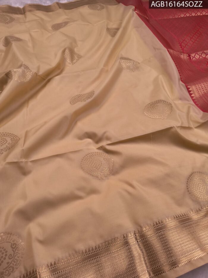 Elegant Cream and Red Soft Silk Saree with Rich Zari Border - Image 2