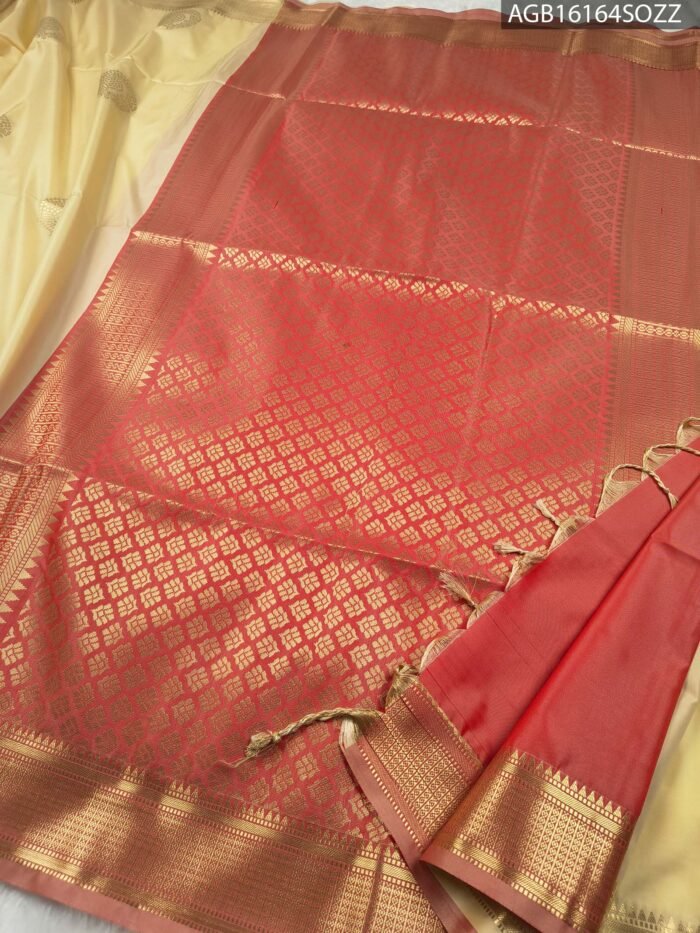 Elegant Cream and Red Soft Silk Saree with Rich Zari Border - Image 3