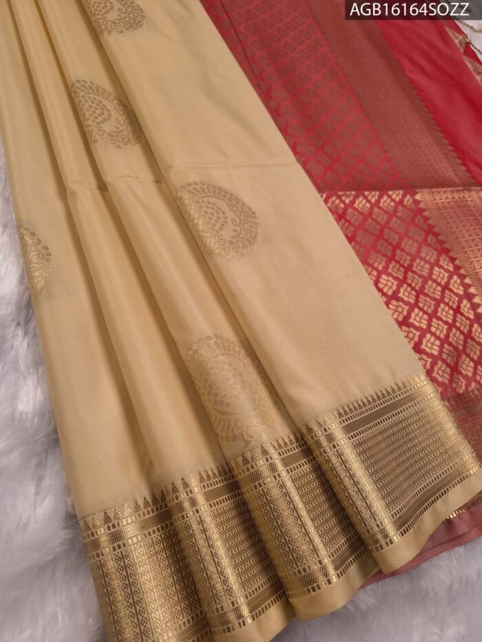 Elegant Cream and Red Soft Silk Saree with Rich Zari Border - Image 1