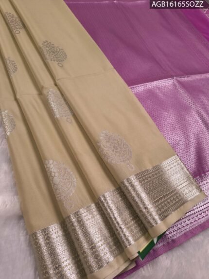 Elegant Beige Soft Silk Saree with Silver Zari Border and Pink Pallu