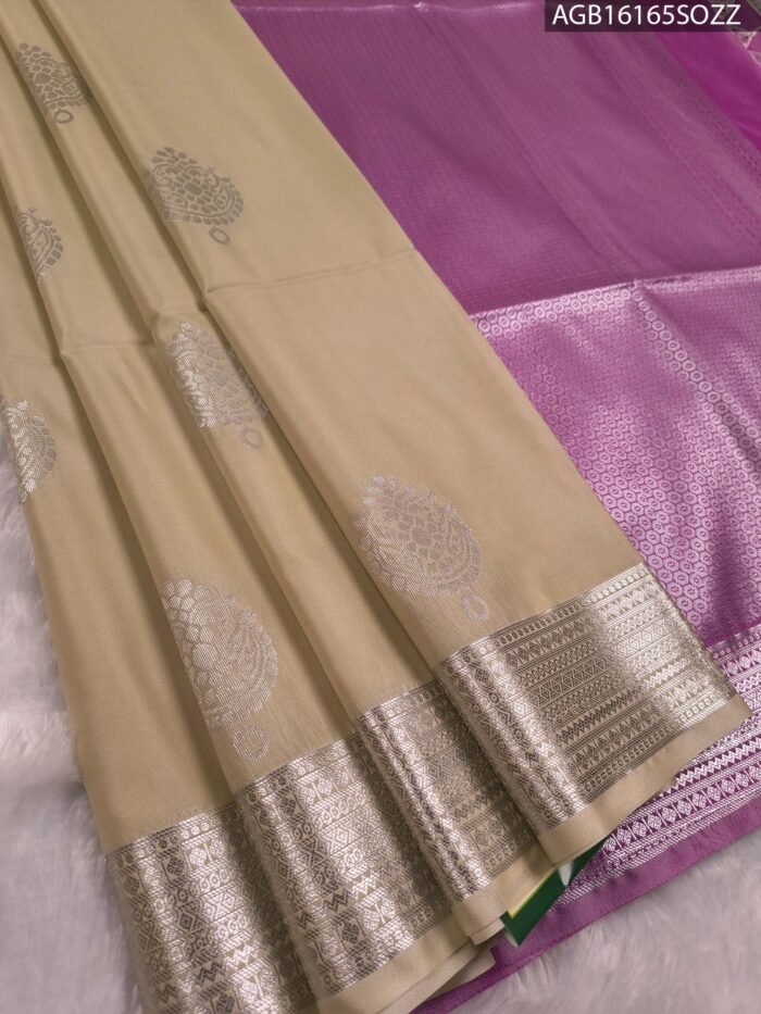 Elegant Beige Soft Silk Saree with Silver Zari Border and Pink Pallu - Image 1