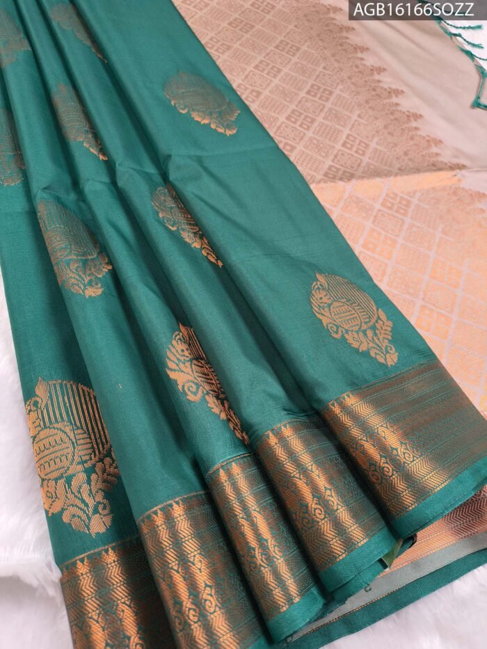 Elegant Teal Soft Silk Saree with Rich Golden Zari Border and Intricate Pallu - Image 1