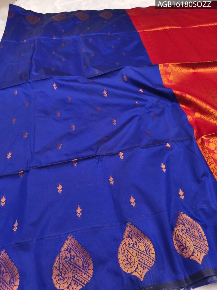 Royal Blue Soft Silk Saree with Rich Red Pallu - Image 2