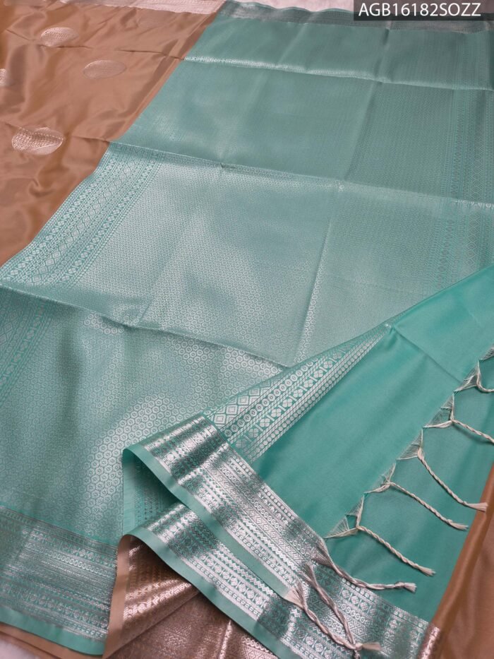 Elegant Beige Soft Silk Saree with Silver Zari Border and Aqua Pallu - Image 3