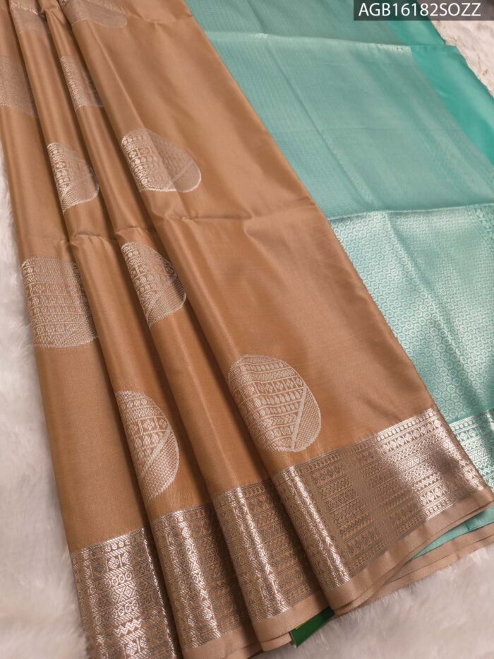 Elegant Beige Soft Silk Saree with Silver Zari Border and Aqua Pallu - Image 1