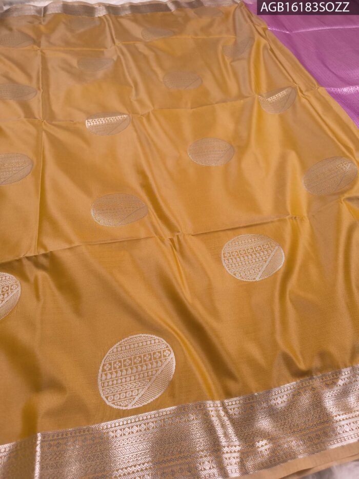 Regal Mustard Soft Silk Saree with Intricate Silver Zari Border and Lavender Pallu - Image 2