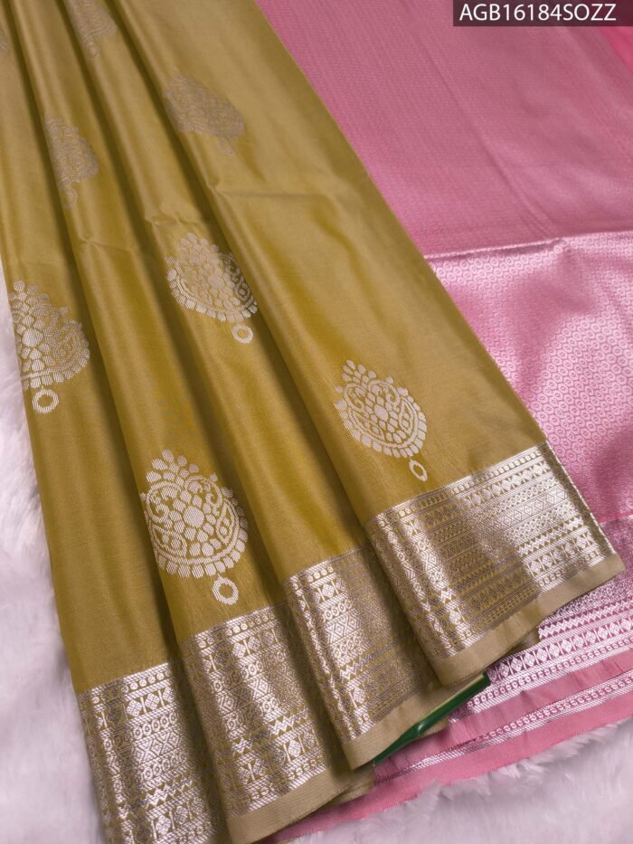 Elegant Olive Green Soft Silk Saree with Rich Zari Border and Pink Pallu - Image 1