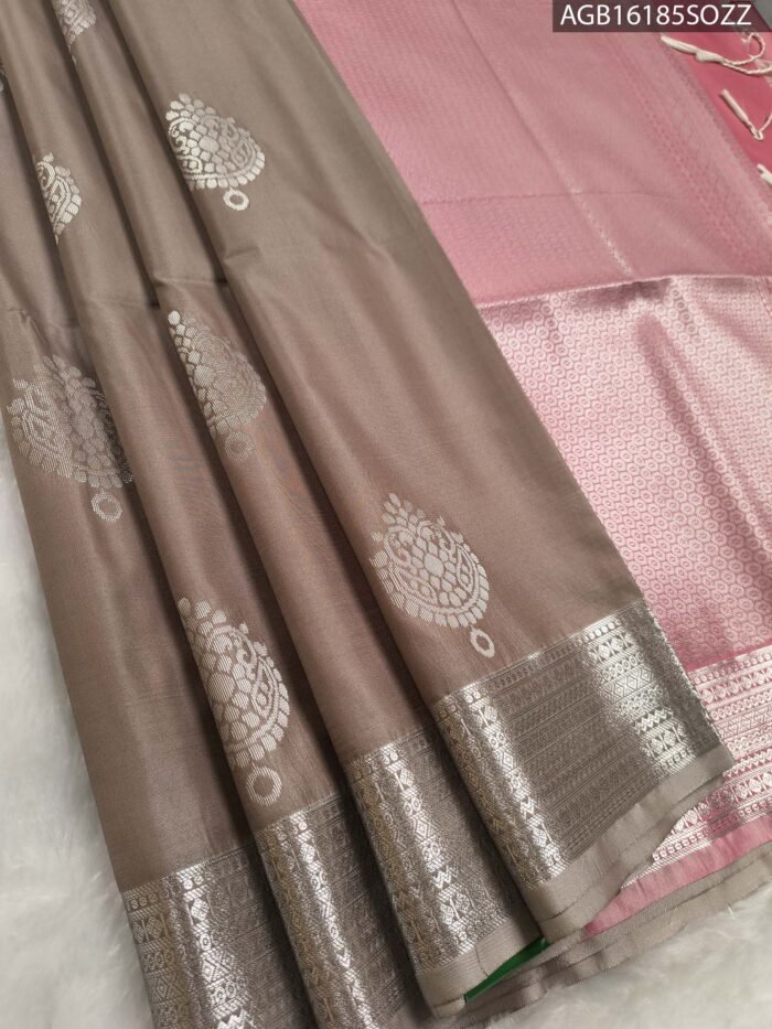 Elegant Taupe Soft Silk Saree with Silver Zari Border and Pink Pallu - Image 1