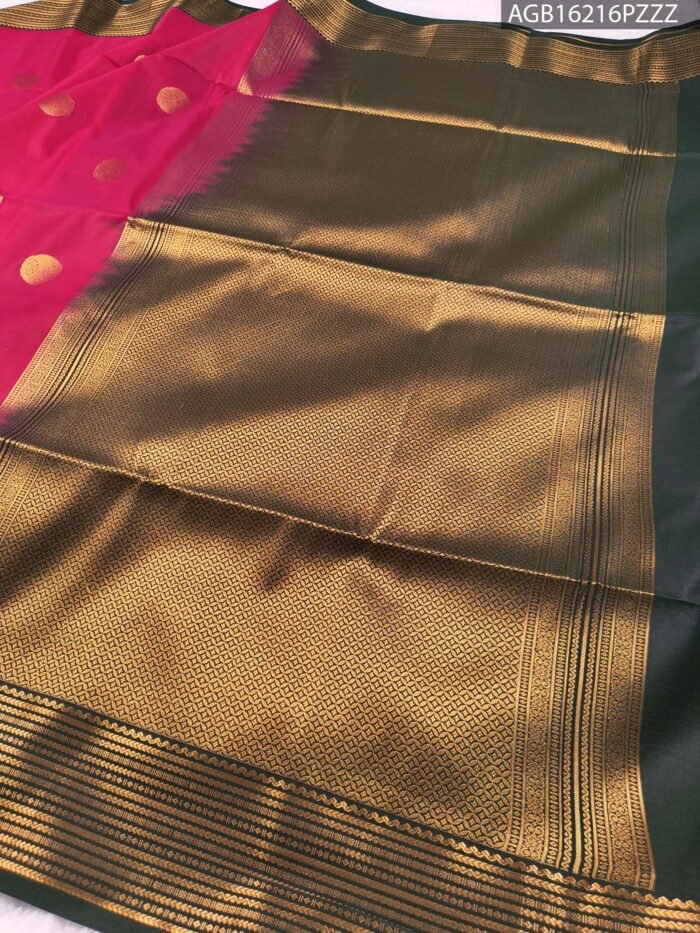 Majestic Pink Soft Silk Saree with Golden Zari Border - Image 3
