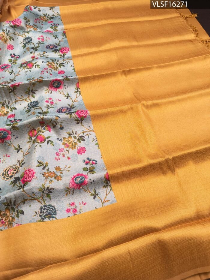 Pastel Blue Coloured Fancy Silk Saree with Floral Motifs and Contrast Border - Image 3